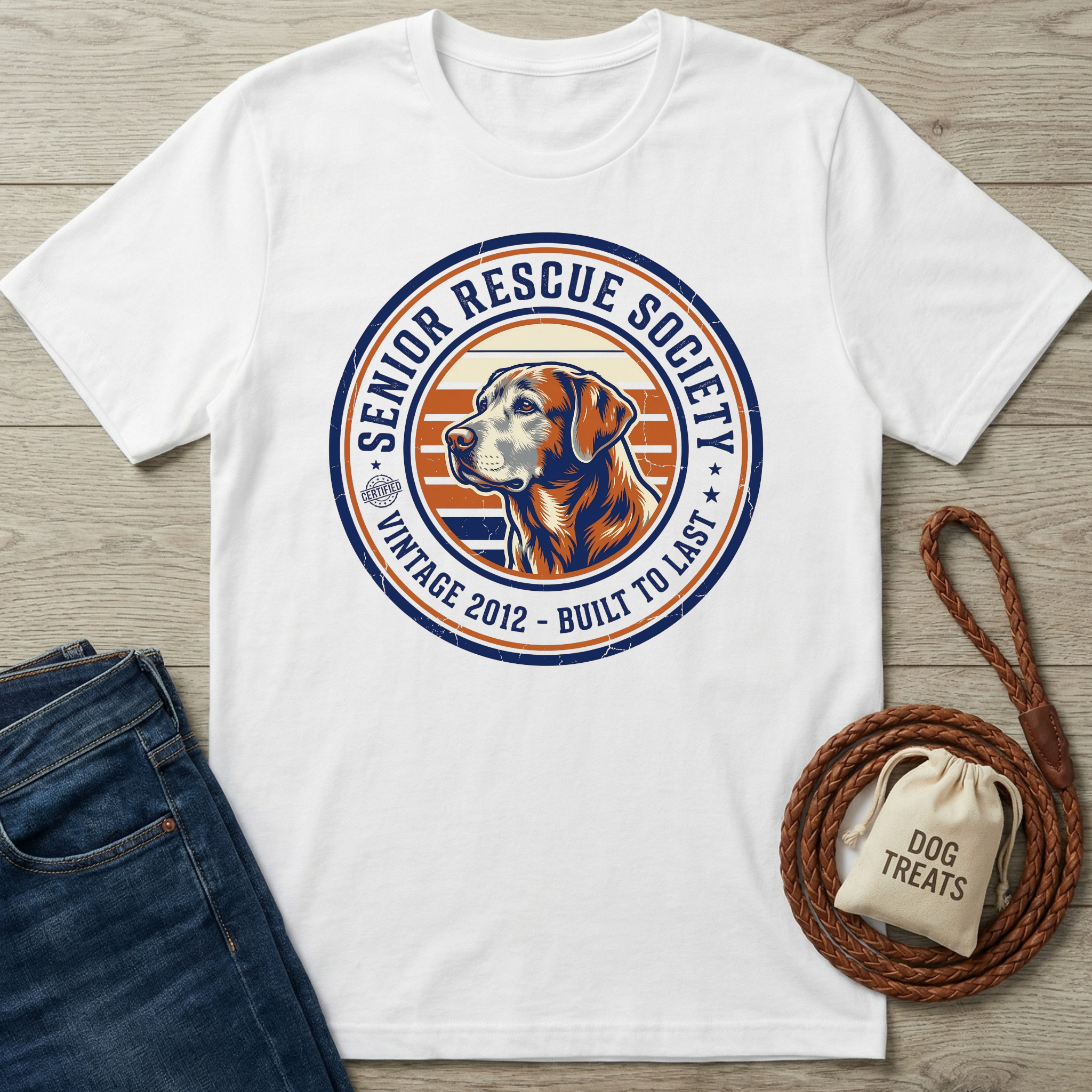 White Senior Rescue Society t-shirt with a vintage dog graphic, blue jeans, and dog treats.