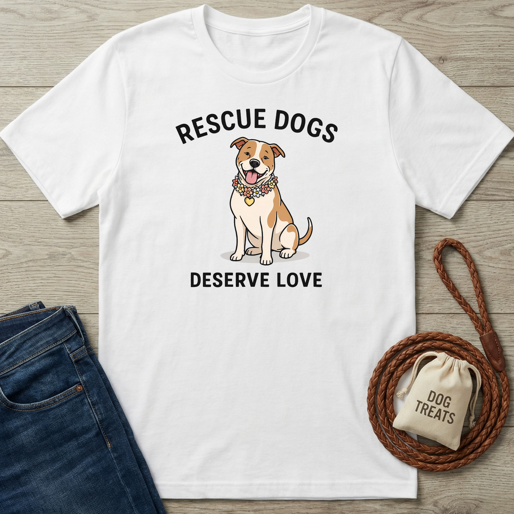 White cotton t-shirt with "Rescue Dogs Deserve Love" text and a cartoon dog wearing a floral collar.