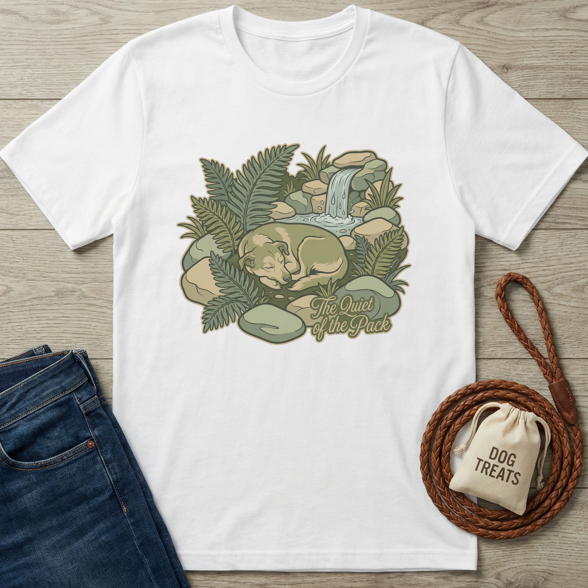 White cotton t-shirt with a sleeping wolf by a waterfall, surrounded by ferns and rocks.