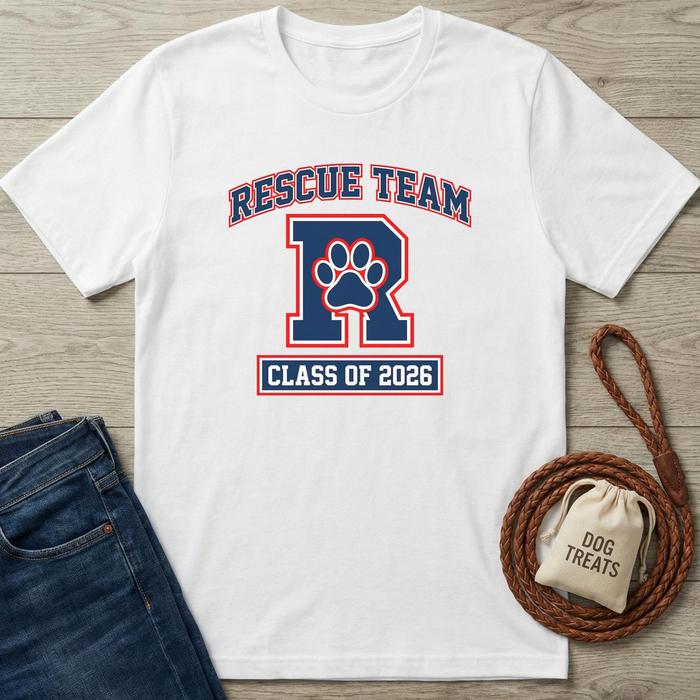 White cotton Rescue Team T-shirt with blue and red "R" paw print logo, "CLASS OF 2026" text.
