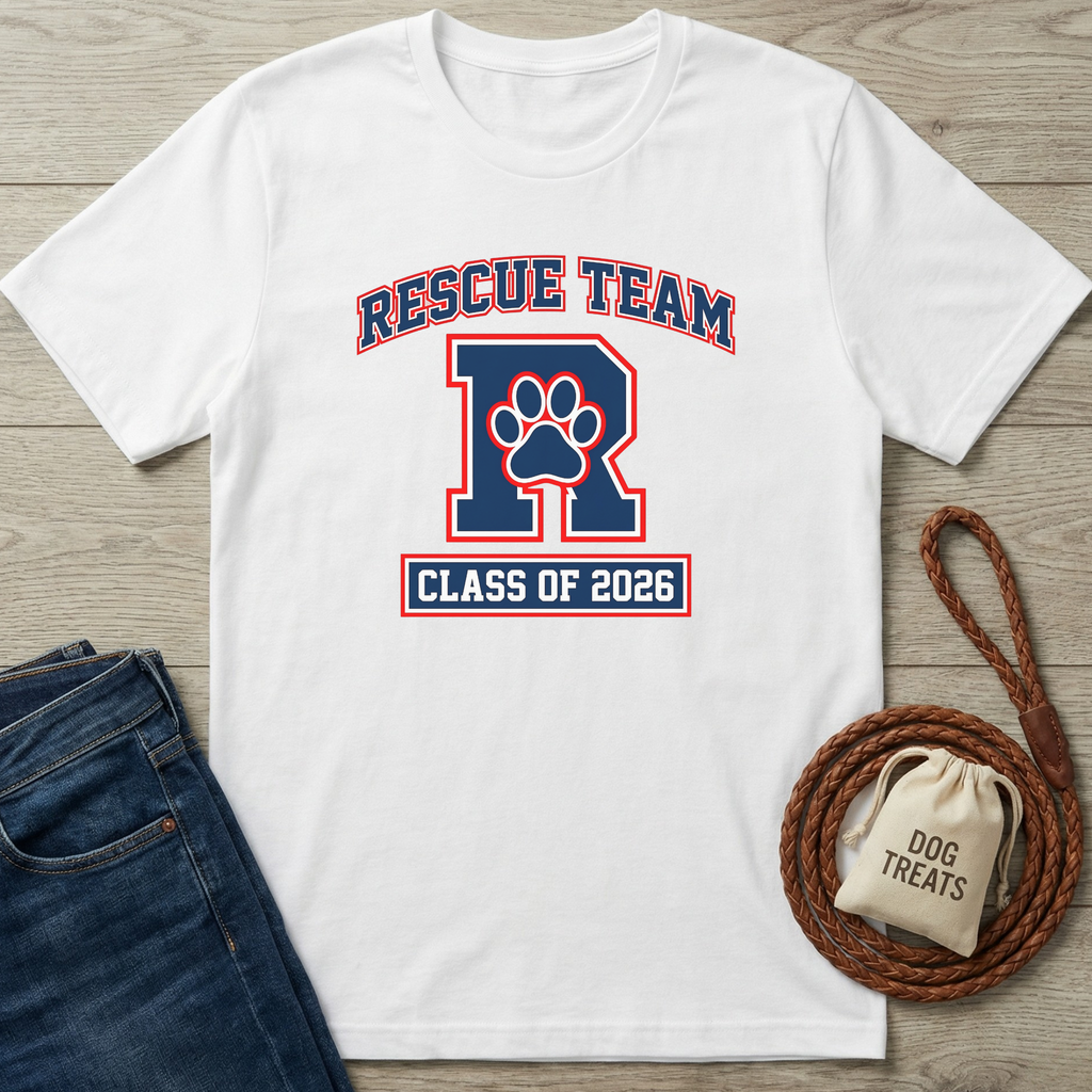 White cotton Rescue Team T-shirt with blue and red "R" paw print logo, "CLASS OF 2026" text.