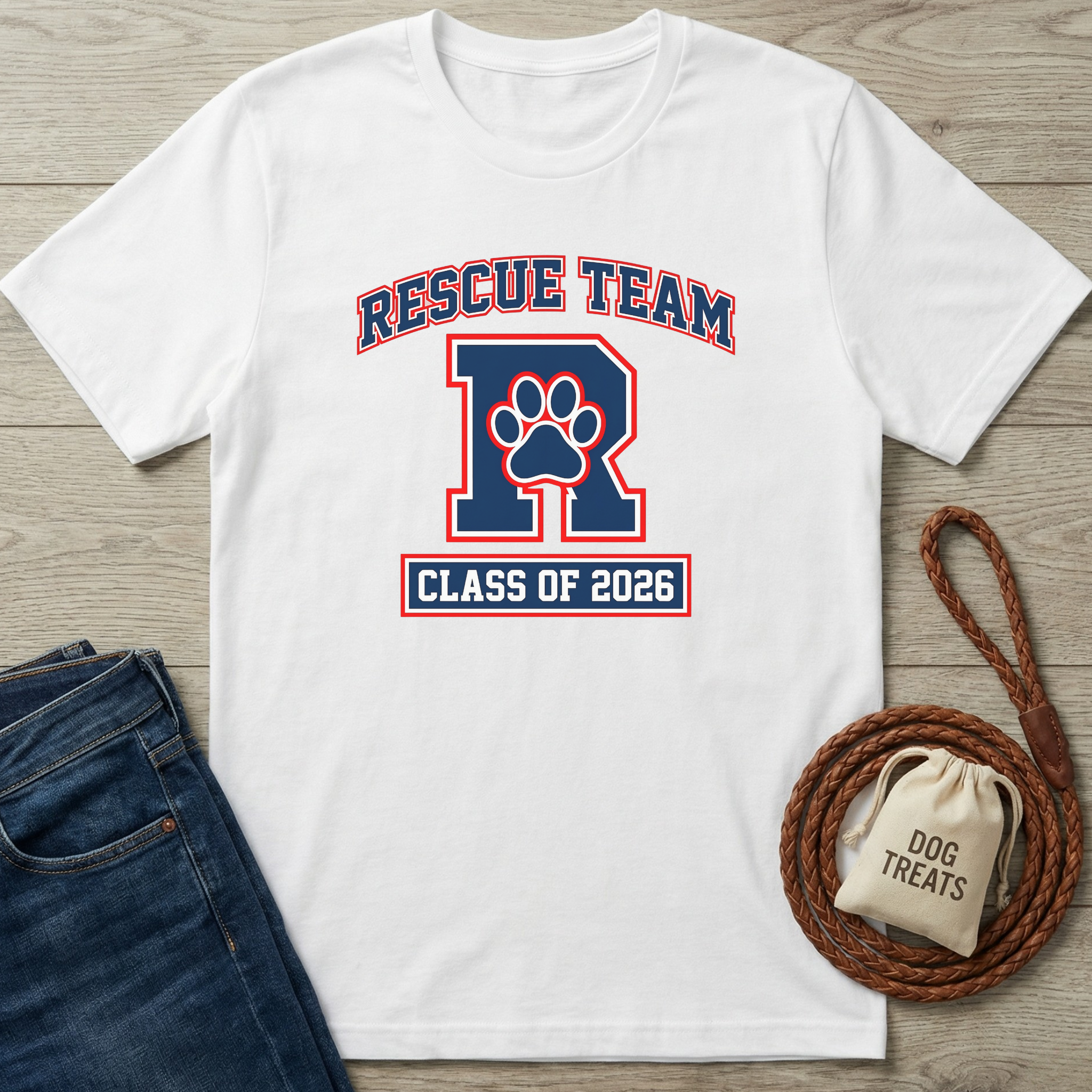 White cotton Rescue Team T-shirt with blue and red "R" paw print logo, "CLASS OF 2026" text.