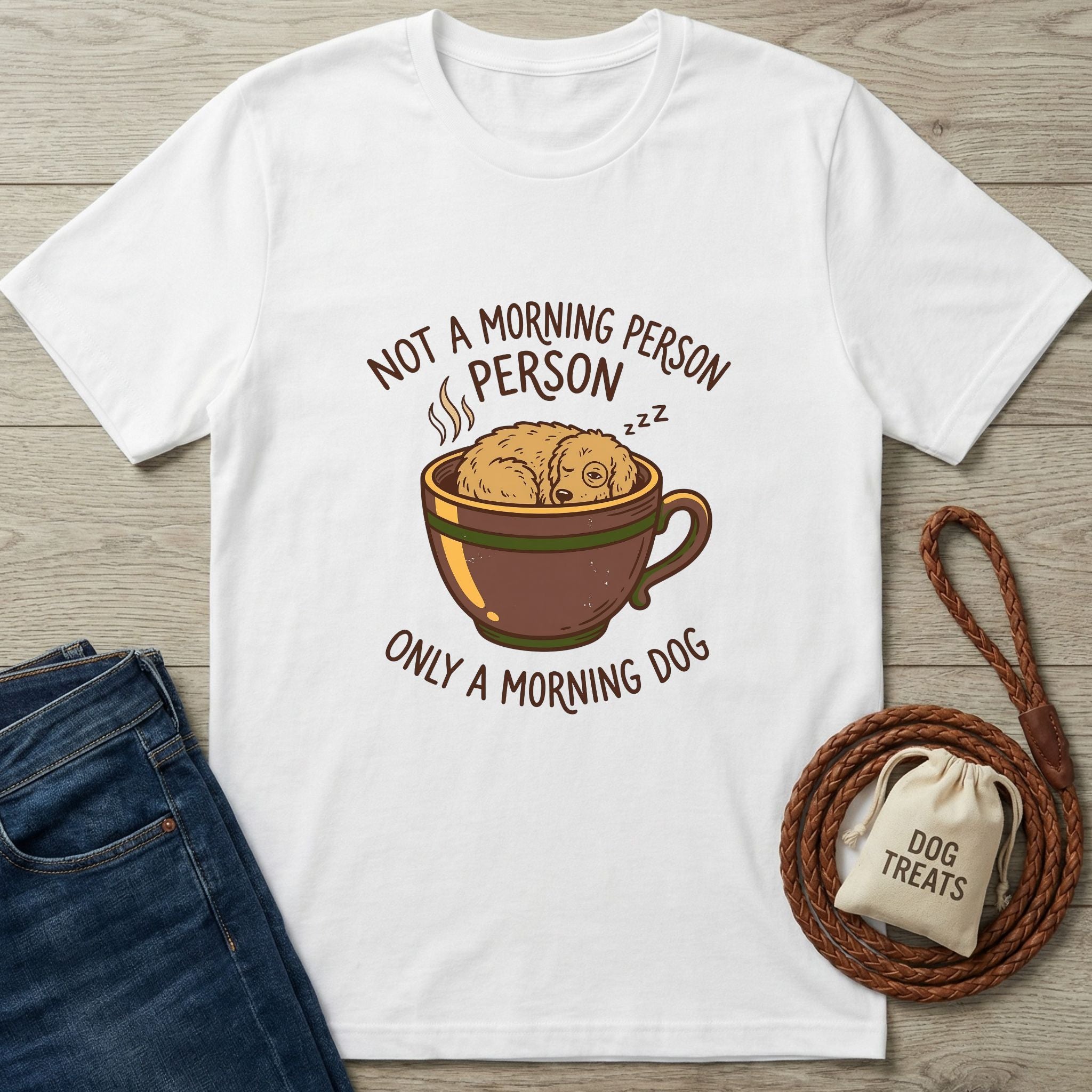 White Gildan Softstyle® 64000 t-shirt with a sleeping dog in a coffee cup and "Not a Morning Person, Only a Morning Dog" text.