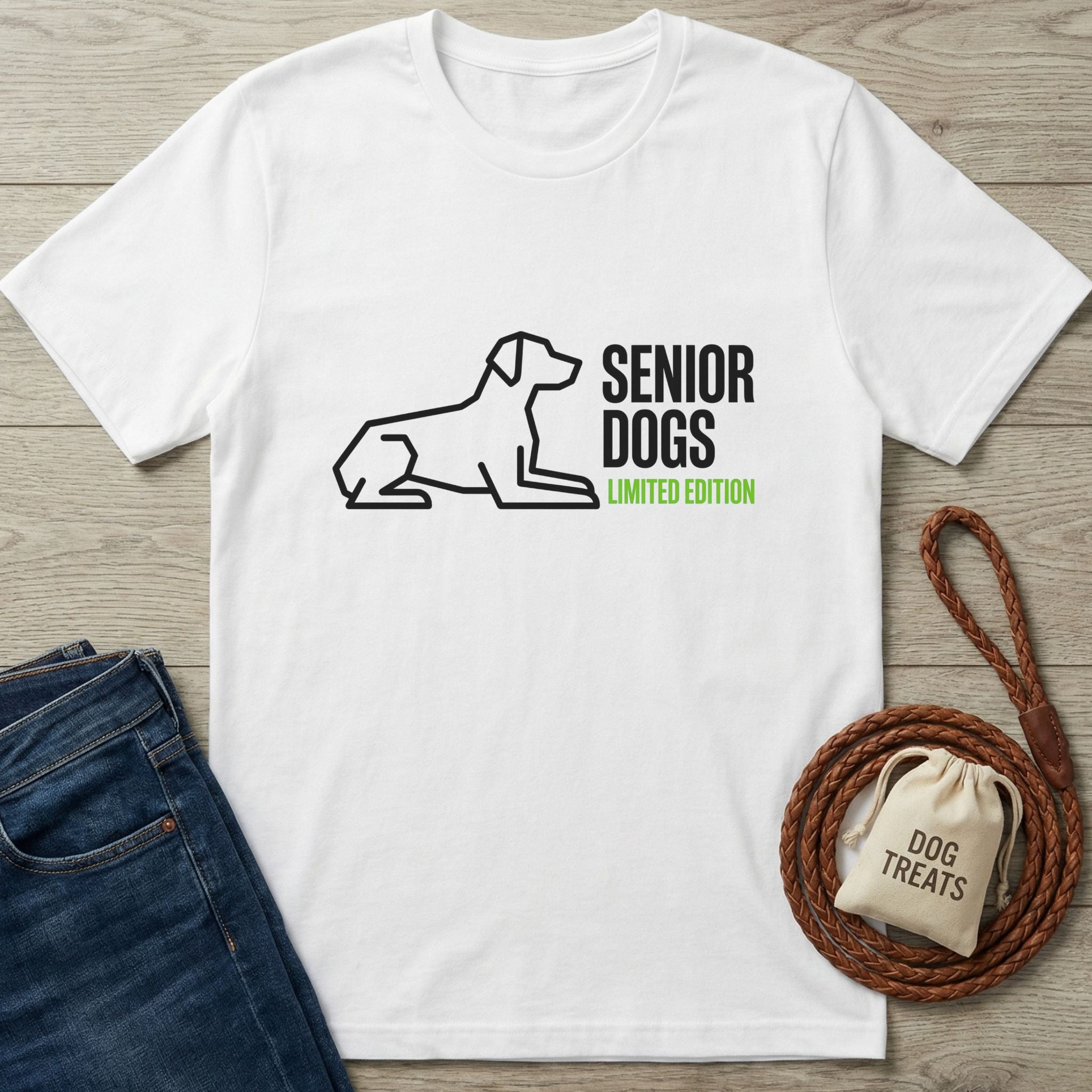 White Gildan Softstyle t-shirt with a black outline of a dog and "SENIOR DOGS LIMITED EDITION" text.