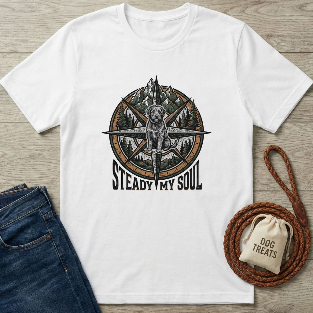 White Gildan Softstyle® t-shirt with a compass, mountains, trees, and a rescue dog graphic.