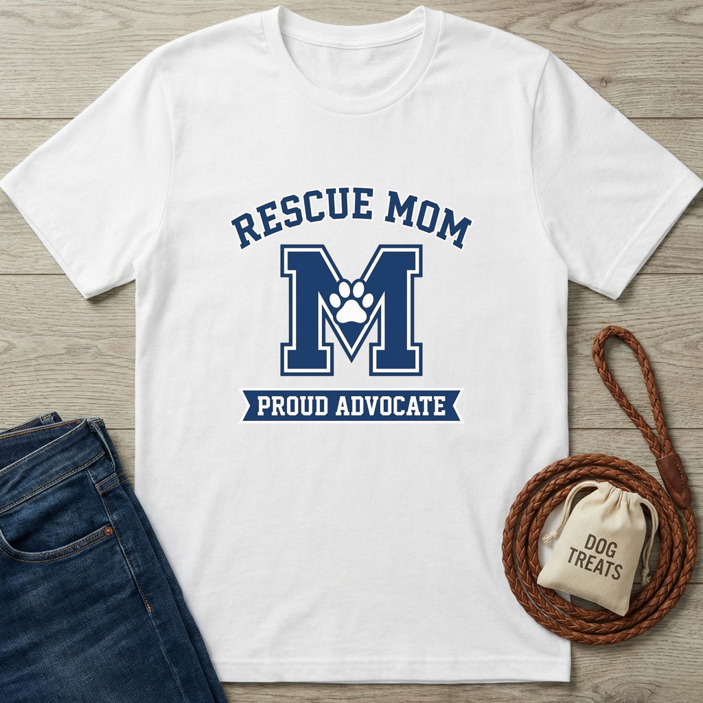 White Gildan Softstyle® t-shirt with "Rescue Mom Proud Advocate" and paw print "M" design.
