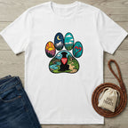 White cotton Wonder Paw T-shirt with a colorful paw print design featuring a black dog wearing a "Rescue Dog" bandana.