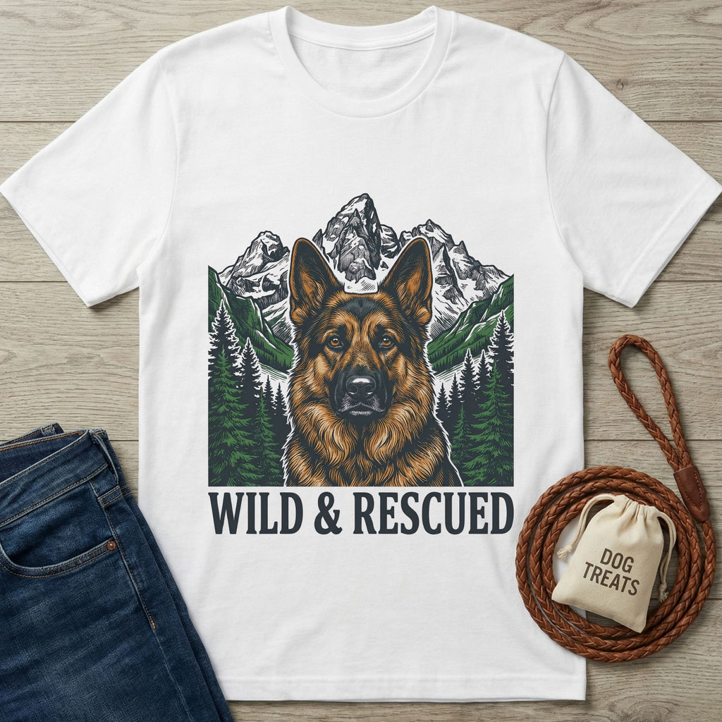 White Gildan Softstyle® t-shirt with a German Shepherd, mountains, and "WILD & RESCUED" graphic.