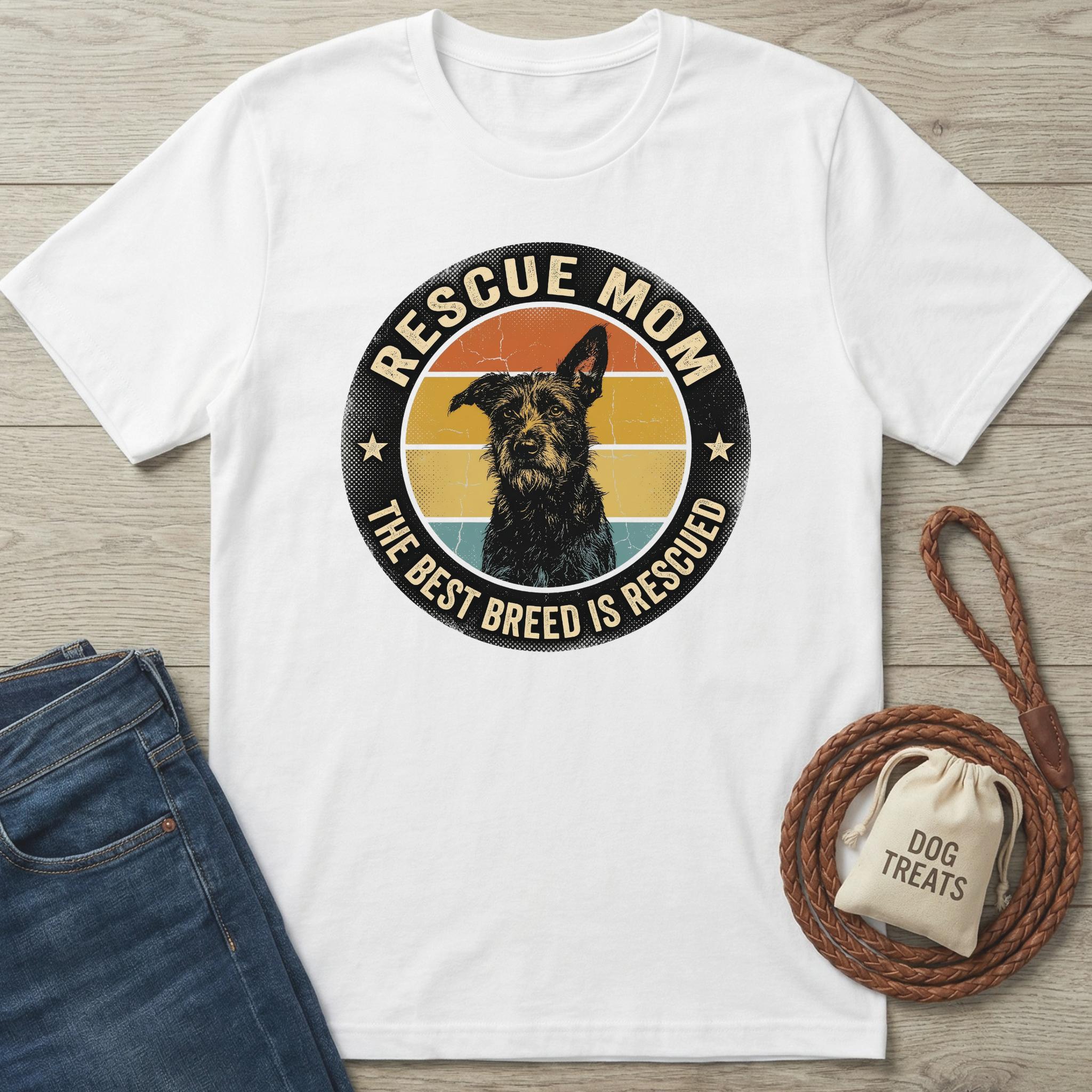 White cotton "Rescue Mom" t-shirt with a vintage-style graphic of a black dog and colorful stripes.