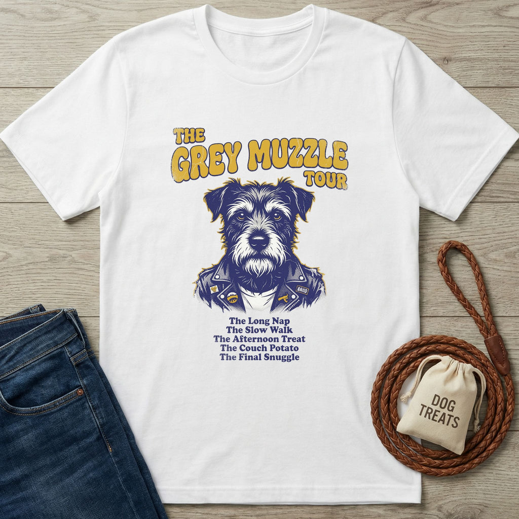 White Gildan Softstyle® t-shirt with "The Grey Muzzle Tour" graphic featuring a dog in a leather jacket.