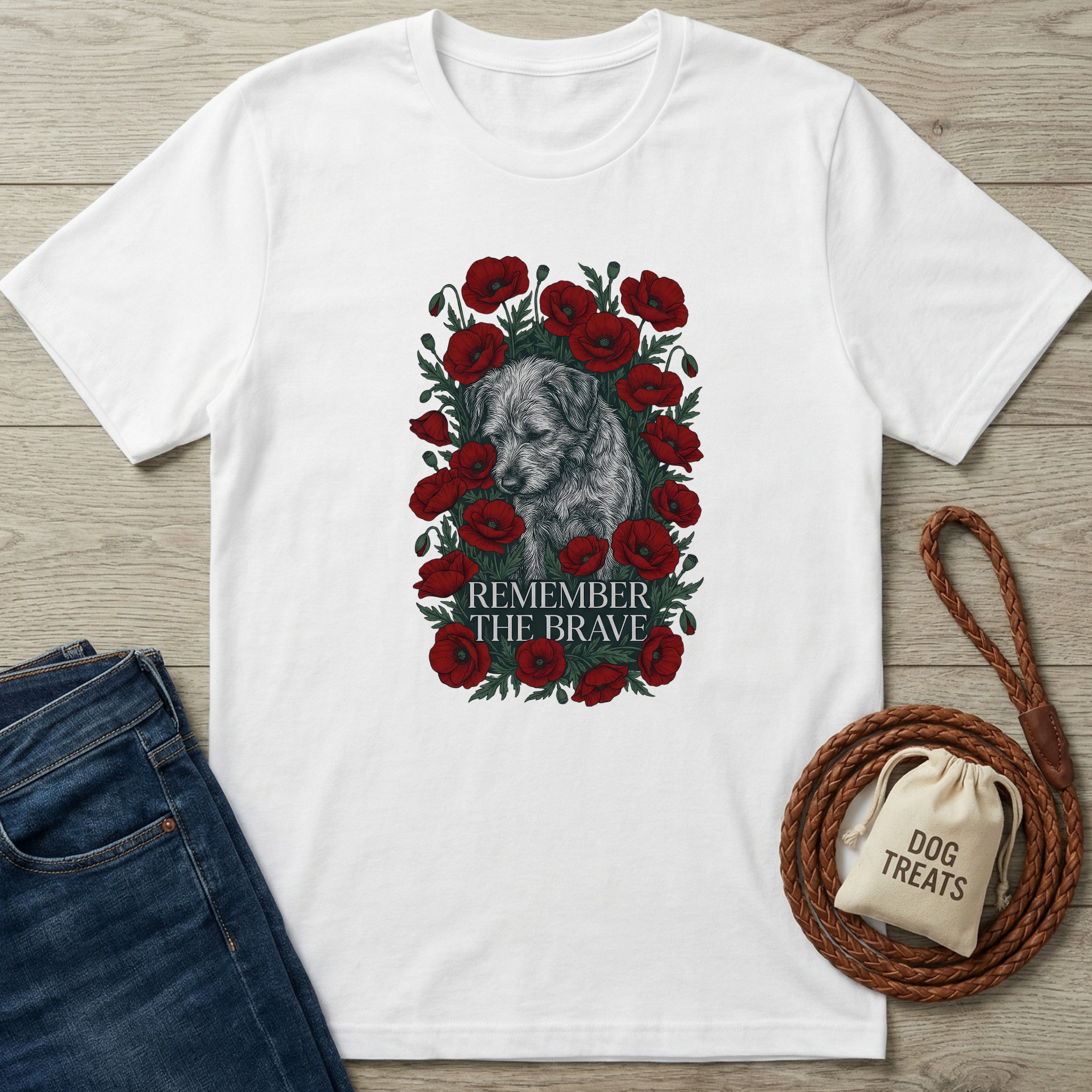 White cotton t-shirt with a gray dog surrounded by red poppies and "REMEMBER THE BRAVE" text.