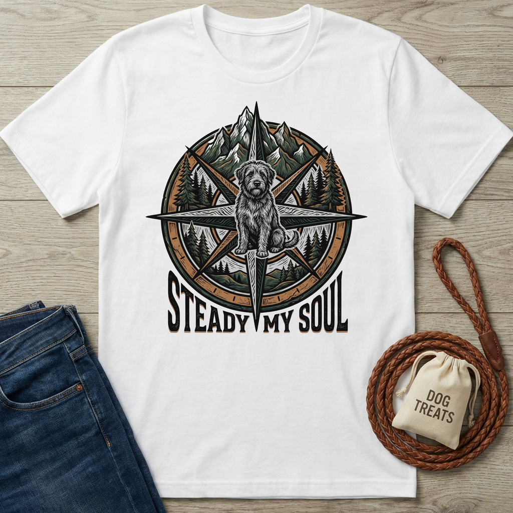 White t-shirt with a dog compass design, "Steady My Soul" text, jeans, and dog treats bag.