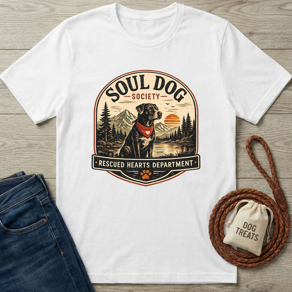 White cotton t-shirt with "Soul Dog Society Rescued Hearts Department" graphic featuring a black dog in a red bandana.