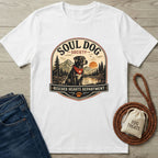 White cotton t-shirt with "Soul Dog Society Rescued Hearts Department" graphic featuring a black dog in a red bandana.