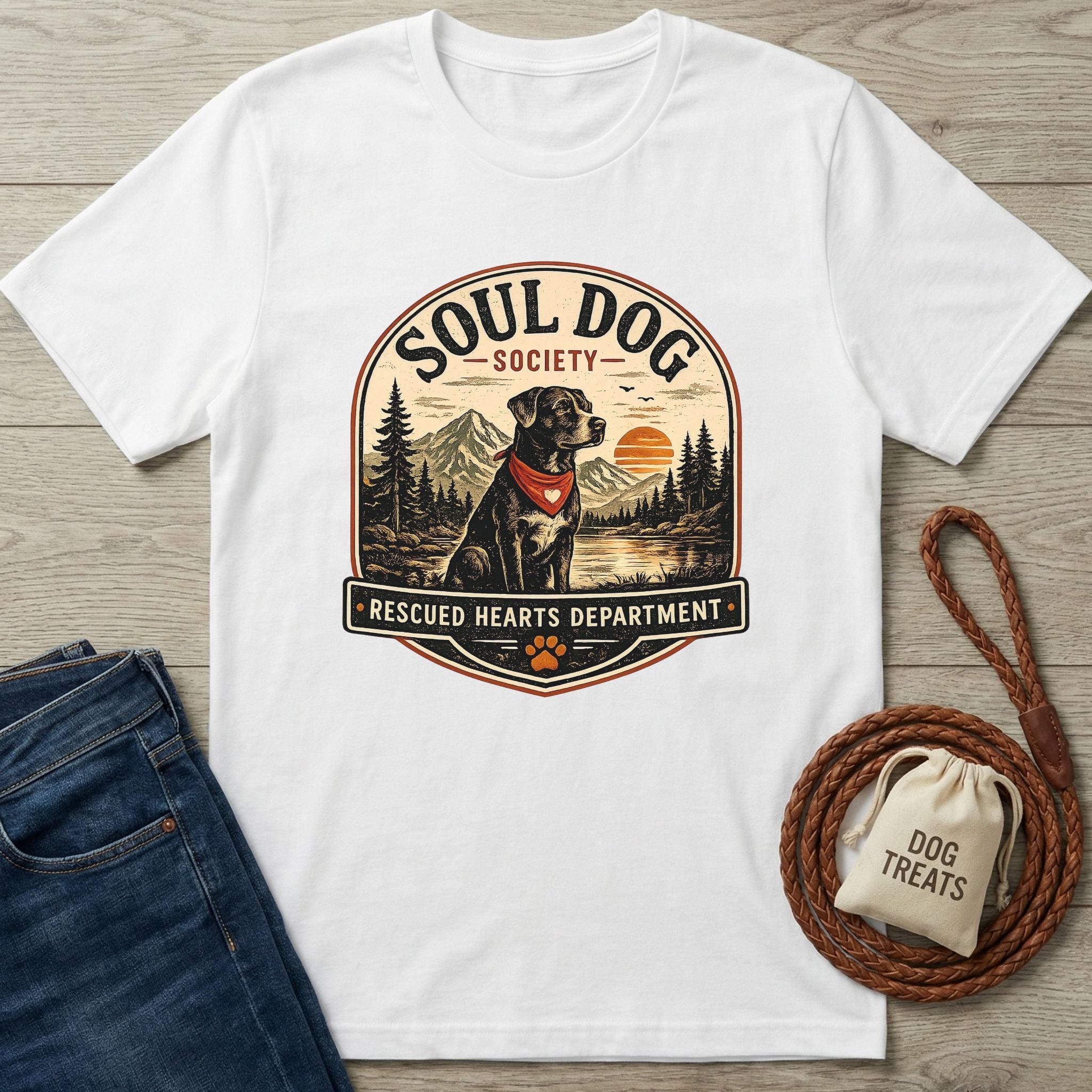 White cotton t-shirt with "Soul Dog Society Rescued Hearts Department" graphic featuring a black dog in a red bandana.
