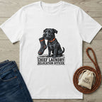 White Gildan Softstyle t-shirt with a black dog holding a sock and "Chief Laundry Relocation Officer" text.