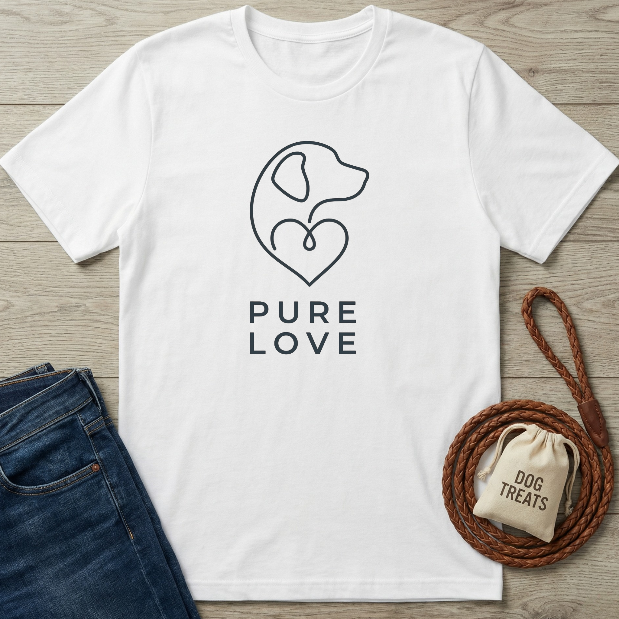 White cotton Pure Love T-shirt with a minimalist dog and heart line art design.