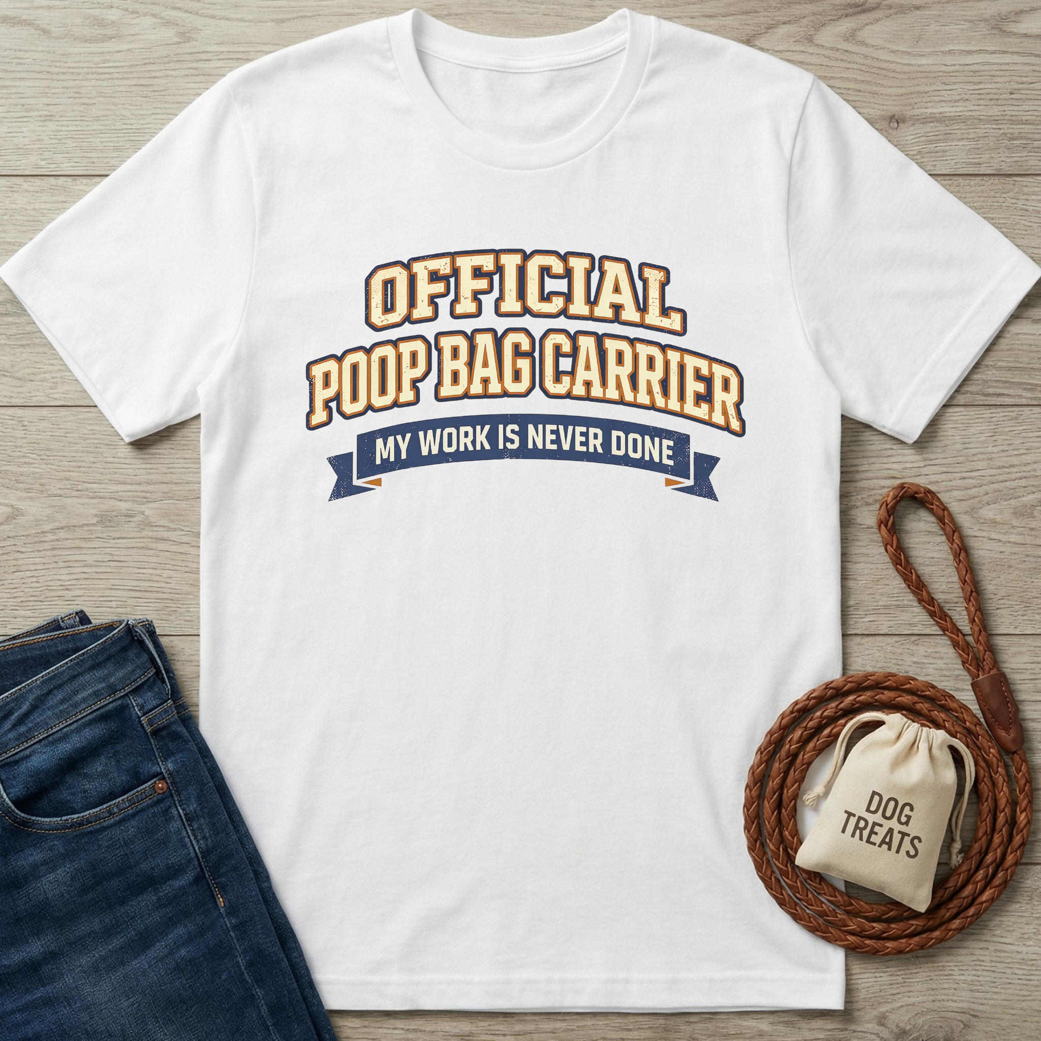 White cotton t-shirt with "Official Poop Bag Carrier My Work Is Never Done" text.