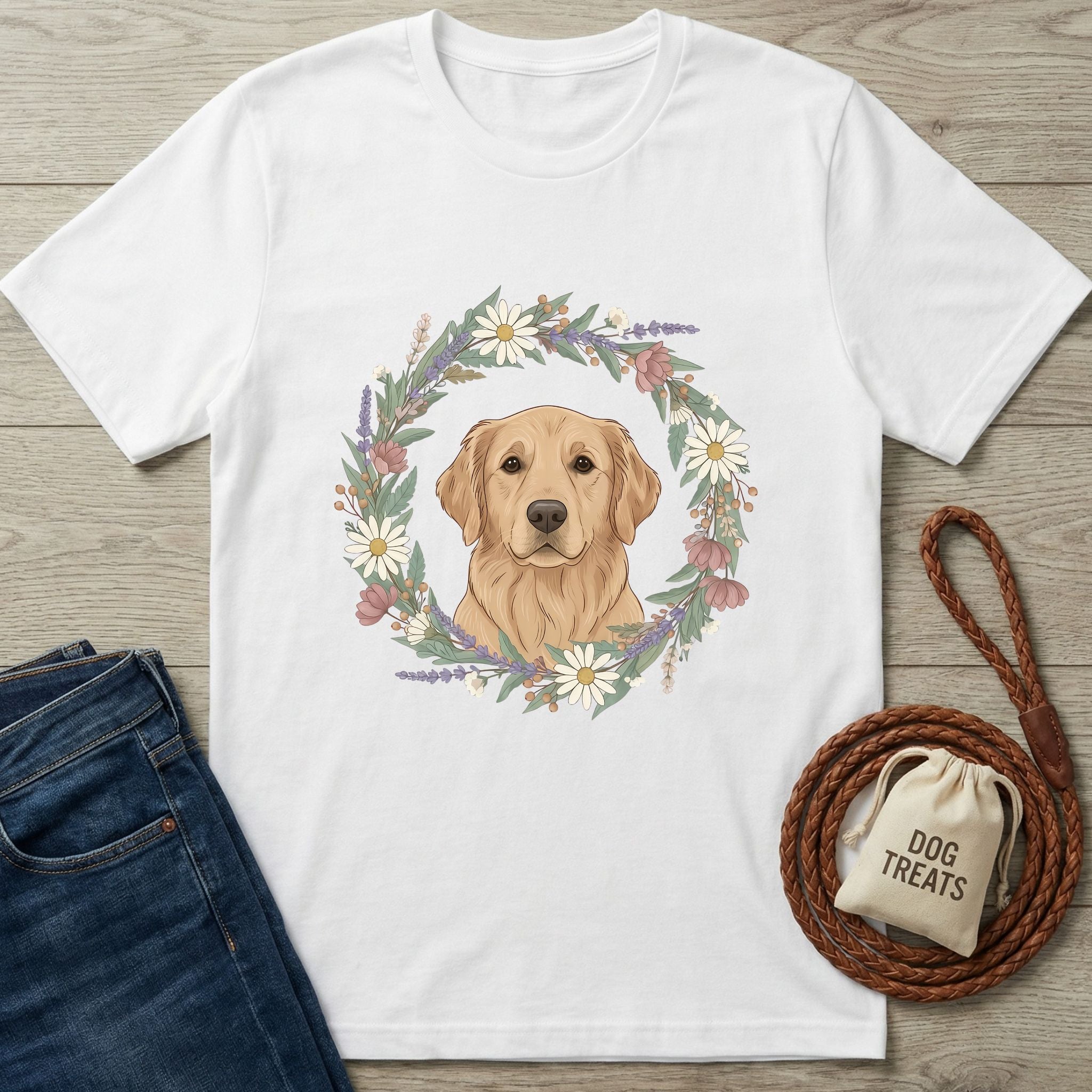 White Gildan Softstyle® t-shirt with a Golden Retriever in a floral wreath design.