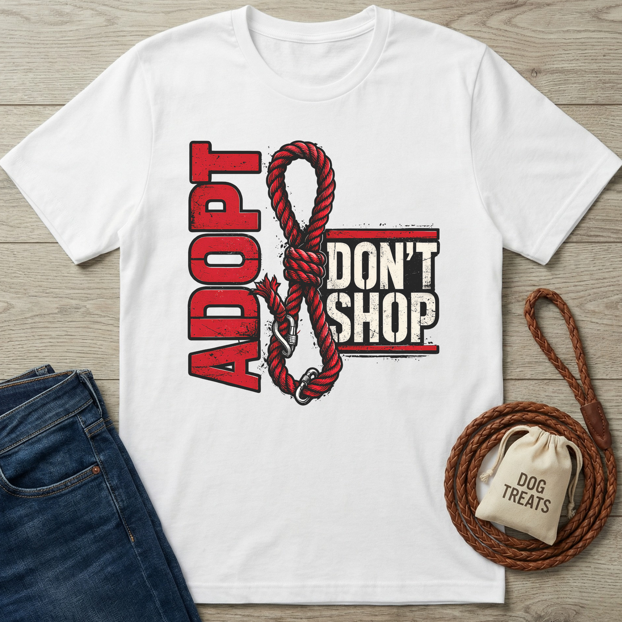 White cotton t-shirt with "ADOPT DON'T SHOP" in red and black, featuring a red rope noose design.