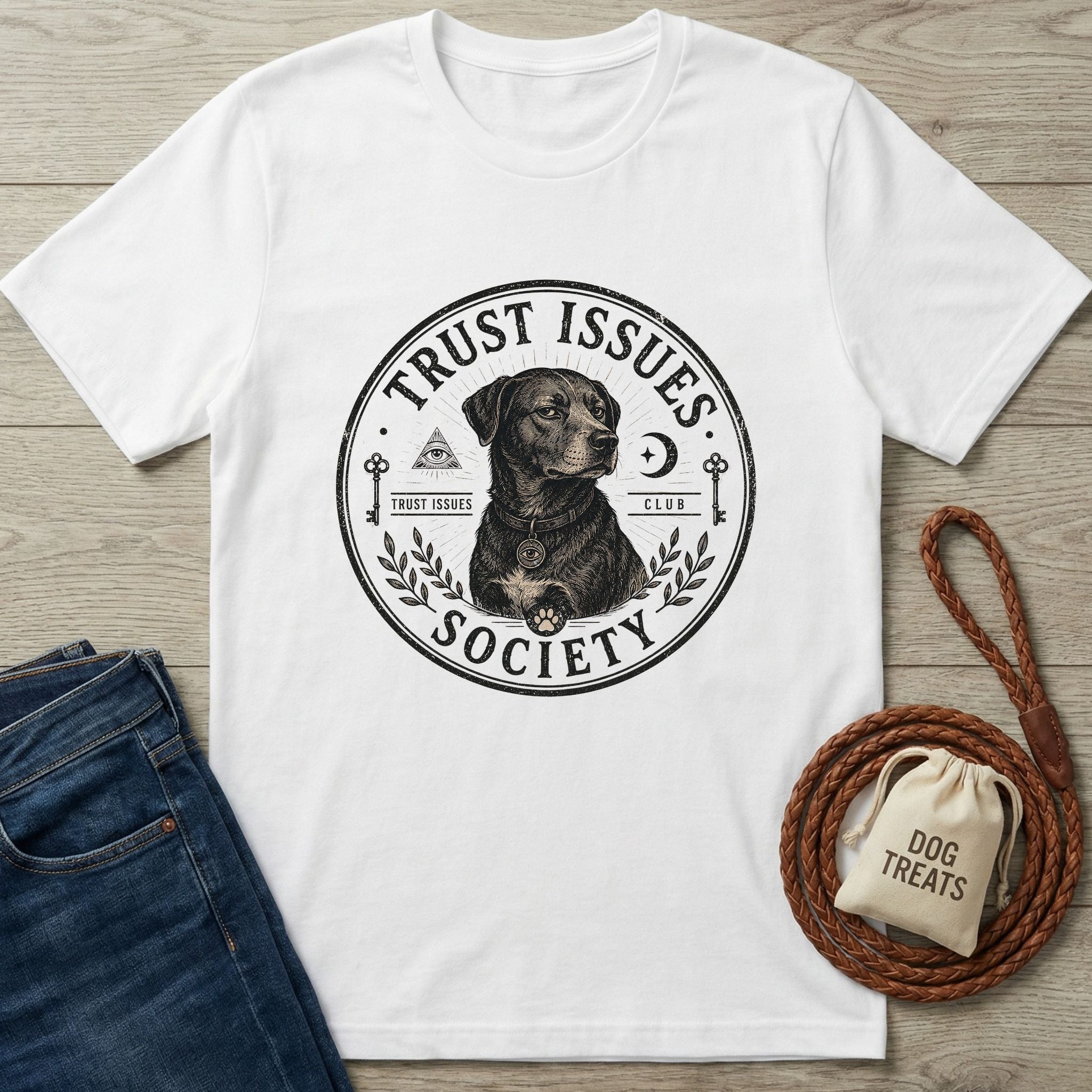 White cotton "Trust Issues Society" t-shirt with a vintage dog graphic, next to blue jeans and a dog leash.