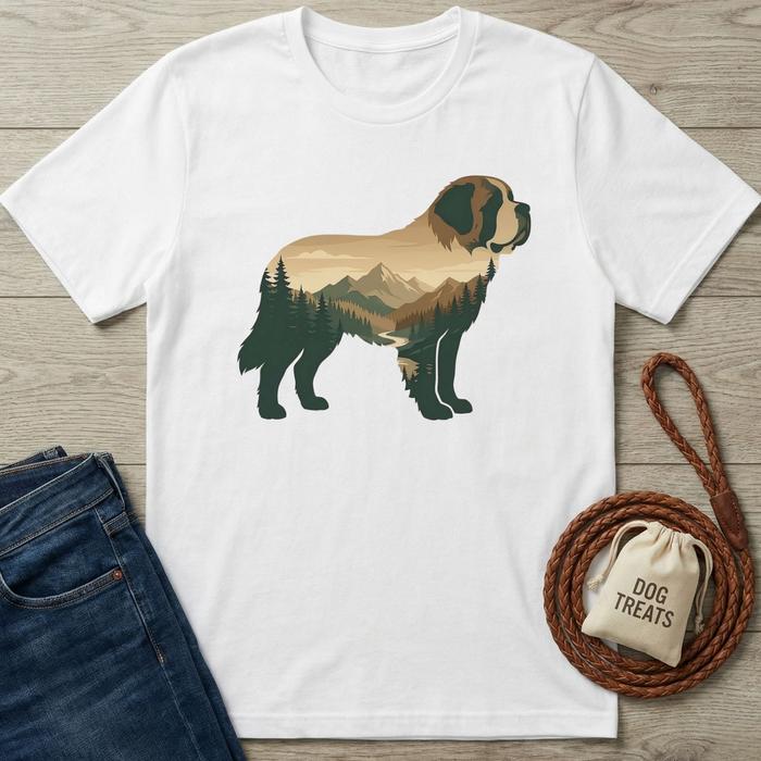 White cotton t-shirt with a large graphic of a St. Bernard dog silhouette filled with a forest and mountain landscape.