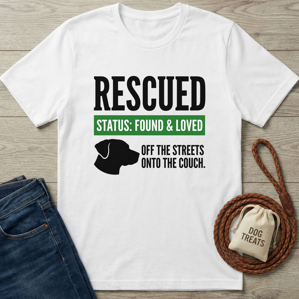 White Gildan Softstyle® t-shirt with "RESCUED STATUS: FOUND & LOVED" and dog silhouette graphic.