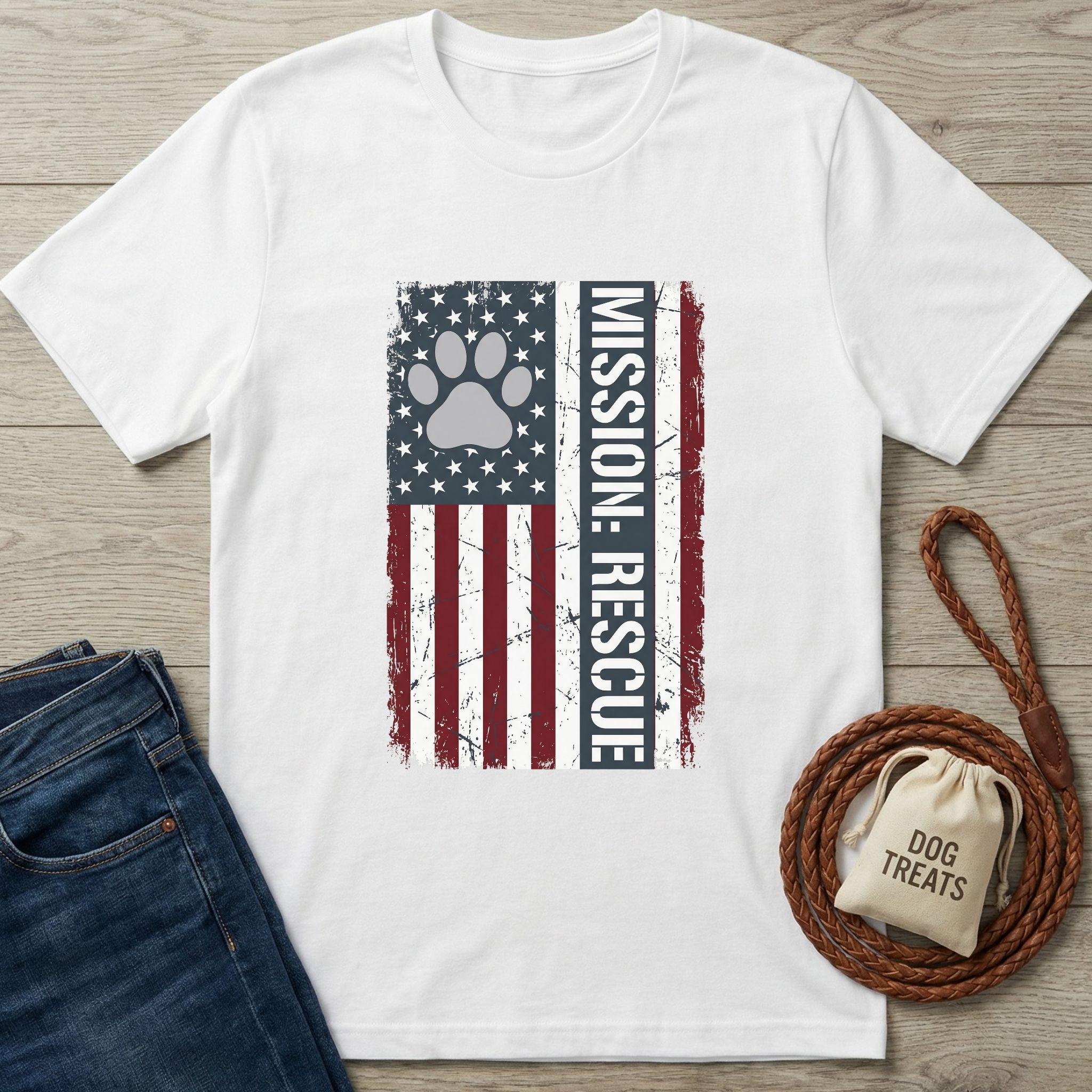 White Gildan Softstyle® t-shirt with a distressed American flag and paw print "Mission: Rescue" graphic.