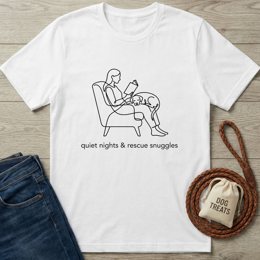 White Gildan Softstyle® t-shirt with a black line art graphic of a person reading with a rescue dog.