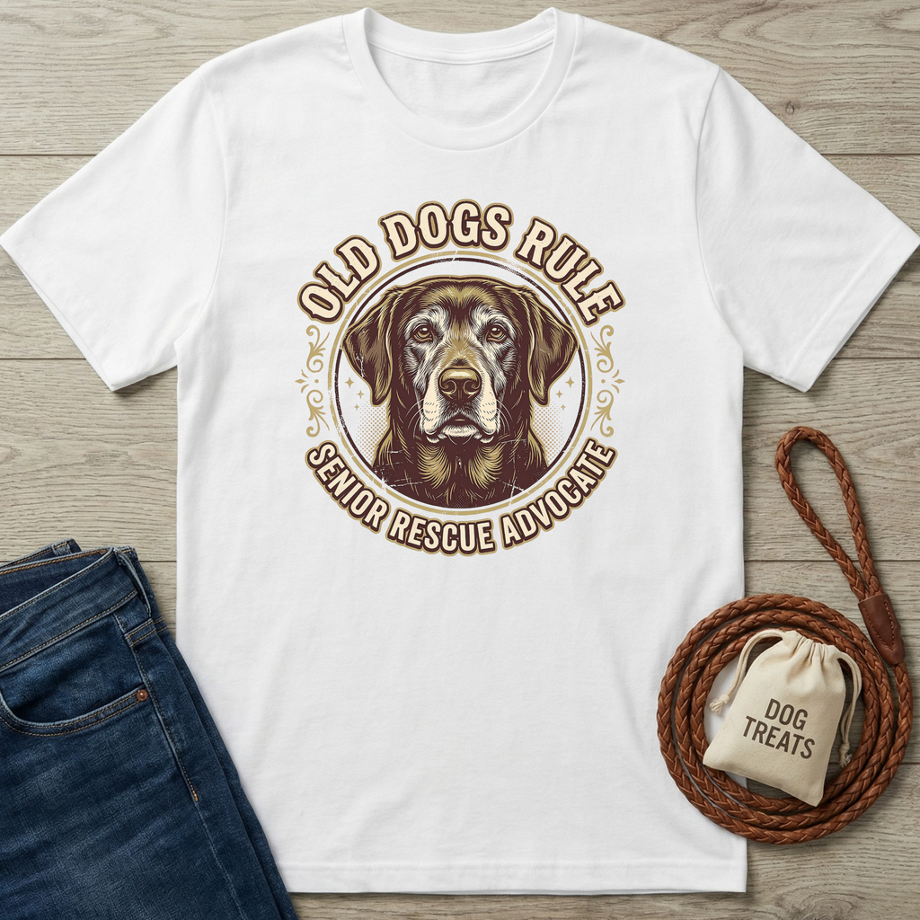 White cotton t-shirt with "Old Dogs Rule Senior Rescue Advocate" text and a detailed senior dog portrait.
