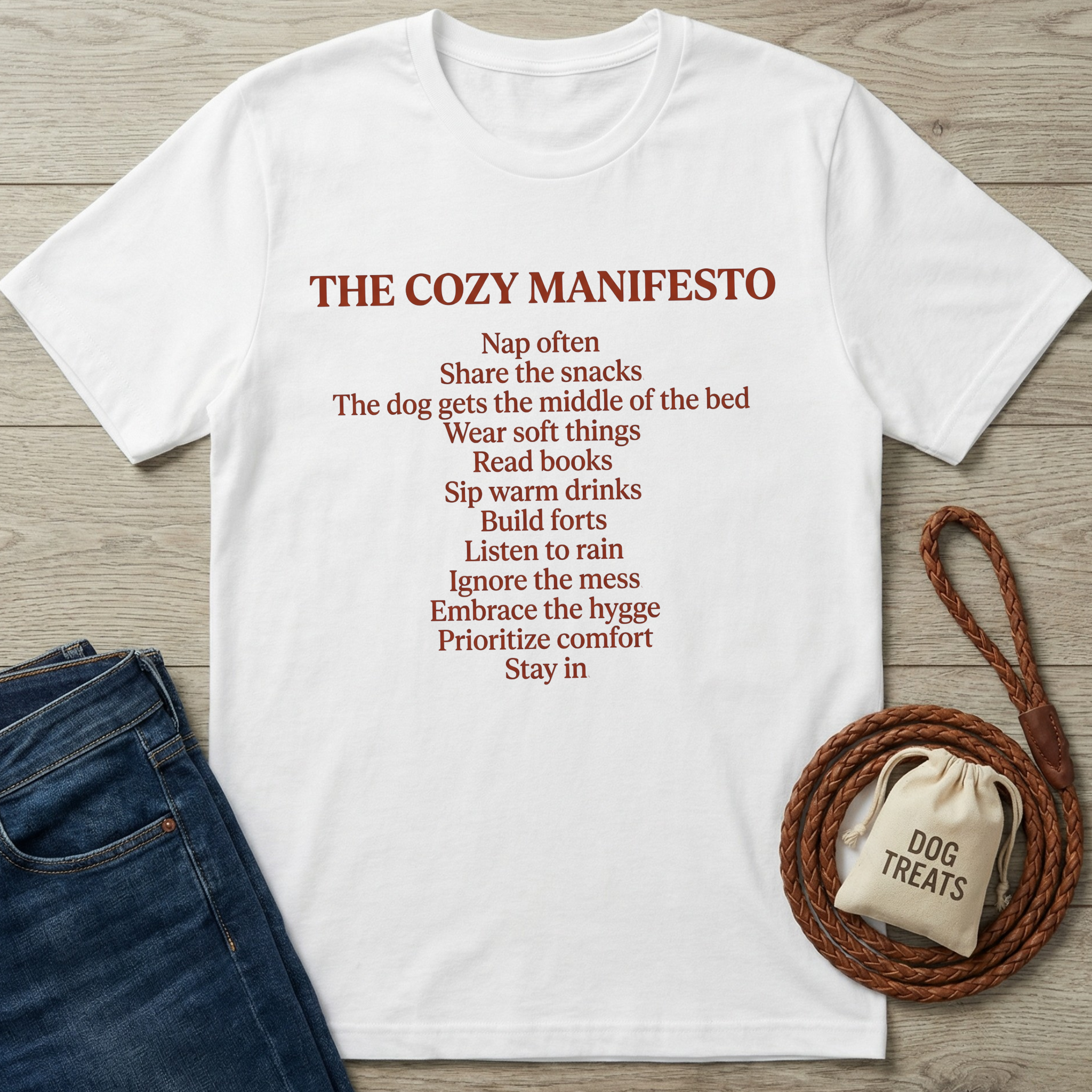 White cotton t-shirt with "The Cozy Manifesto" text in brown, next to jeans, a leash, and dog treats.