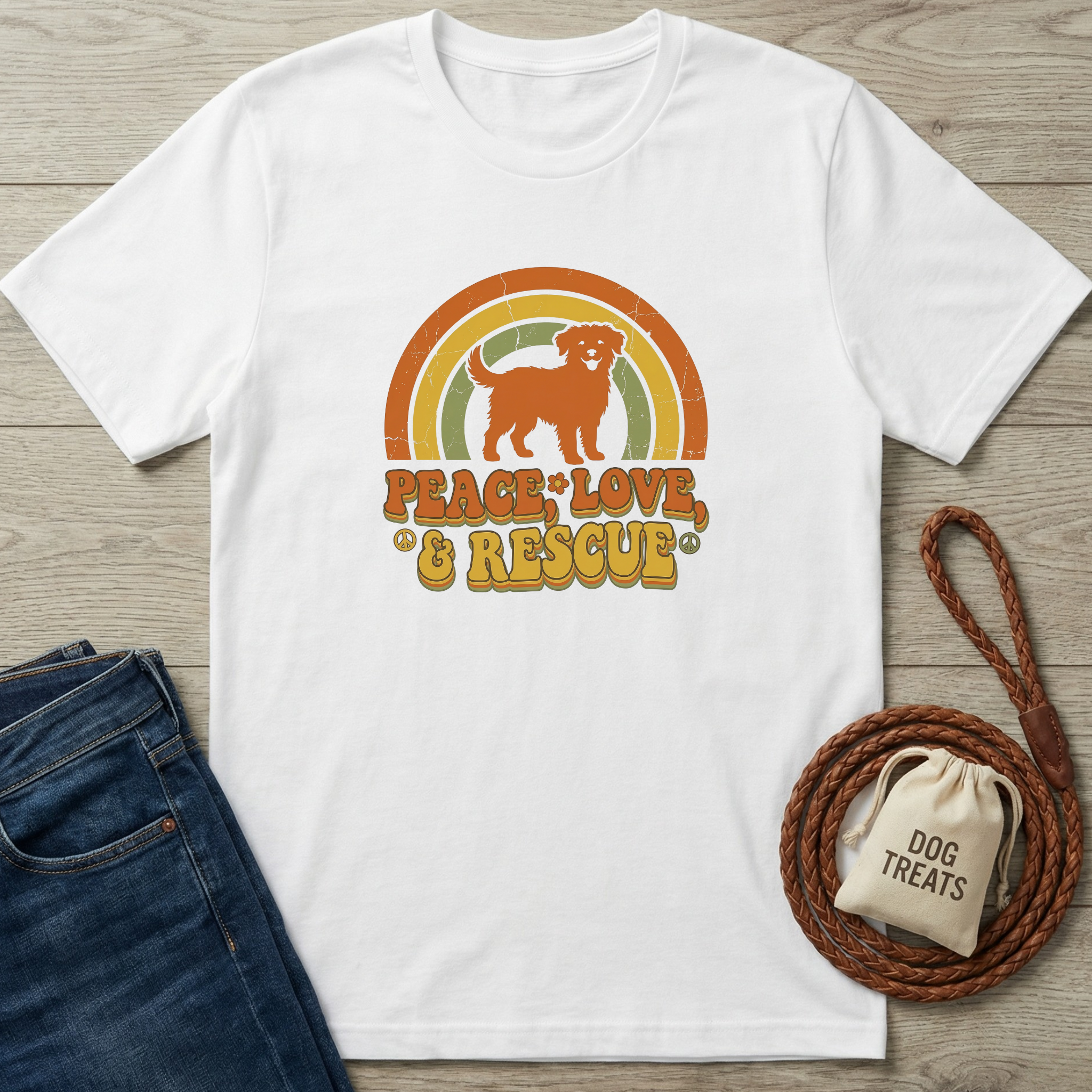 White cotton t-shirt with a retro rainbow, dog silhouette, and "Peace Love & Rescue" text.