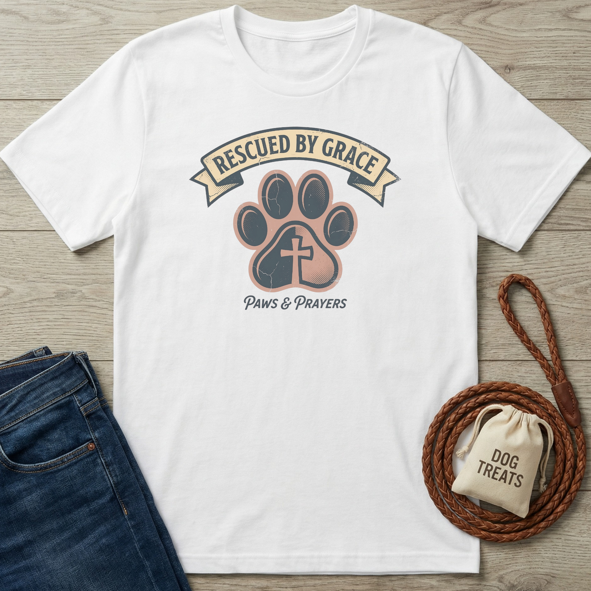 White cotton t-shirt with "Rescued By Grace" banner, paw print with cross, and "Paws & Prayers" text.