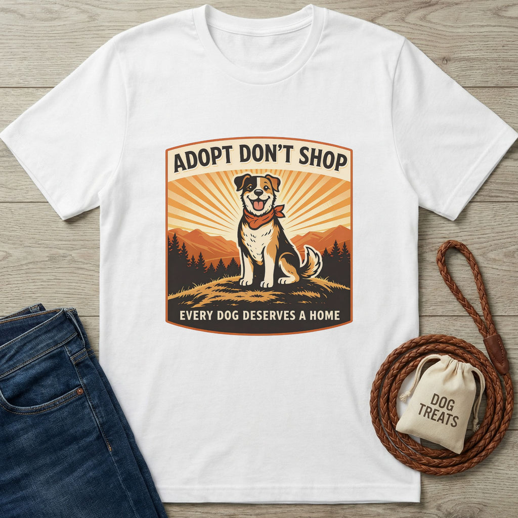 White Gildan Softstyle t-shirt with "Adopt Don't Shop" graphic featuring a happy mixed-breed dog.