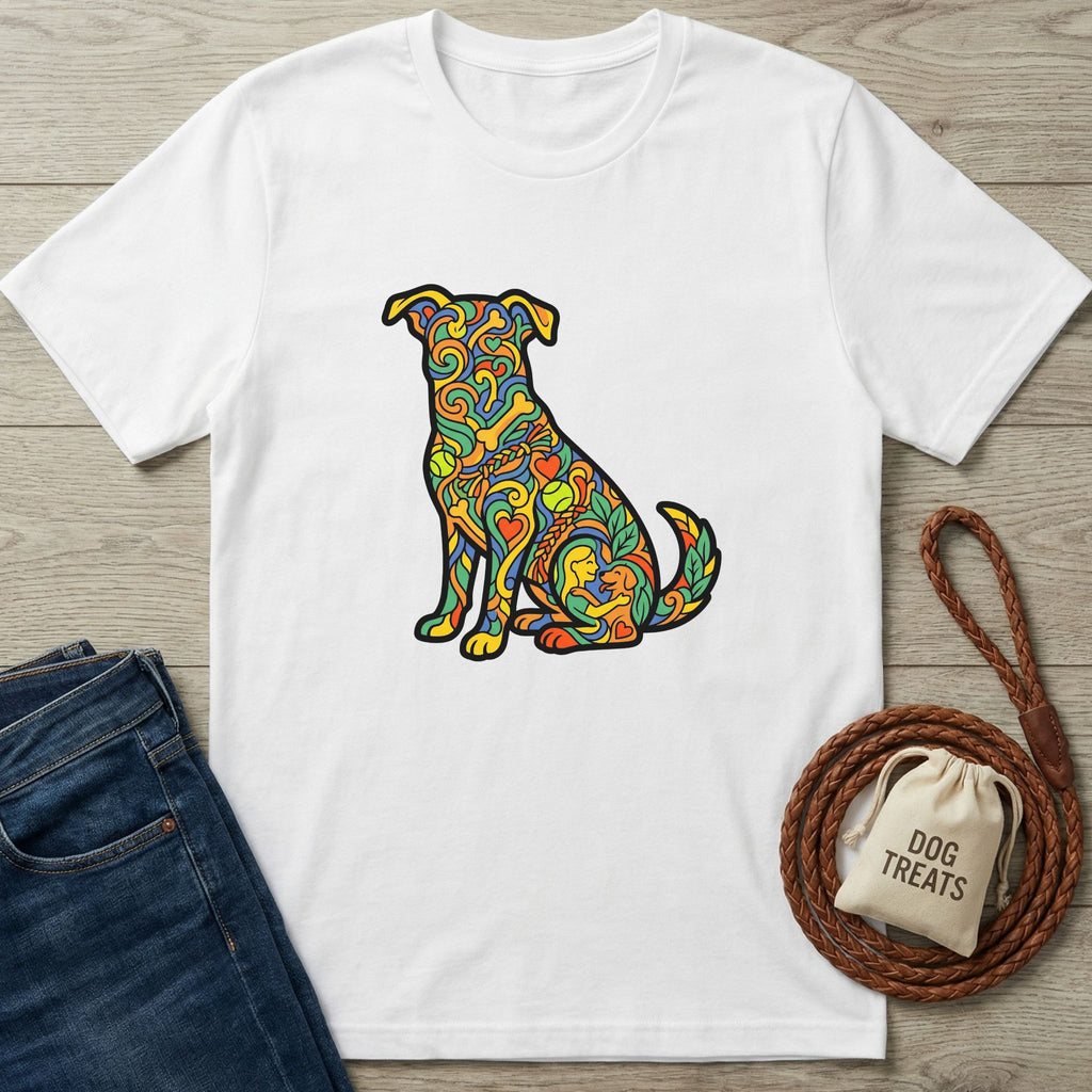 White cotton t-shirt with a vibrant, colorful, stylized dog design, next to jeans and a dog leash.