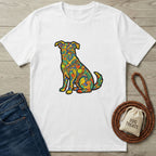 White cotton t-shirt with a vibrant, colorful, stylized dog design, next to jeans and a dog leash.
