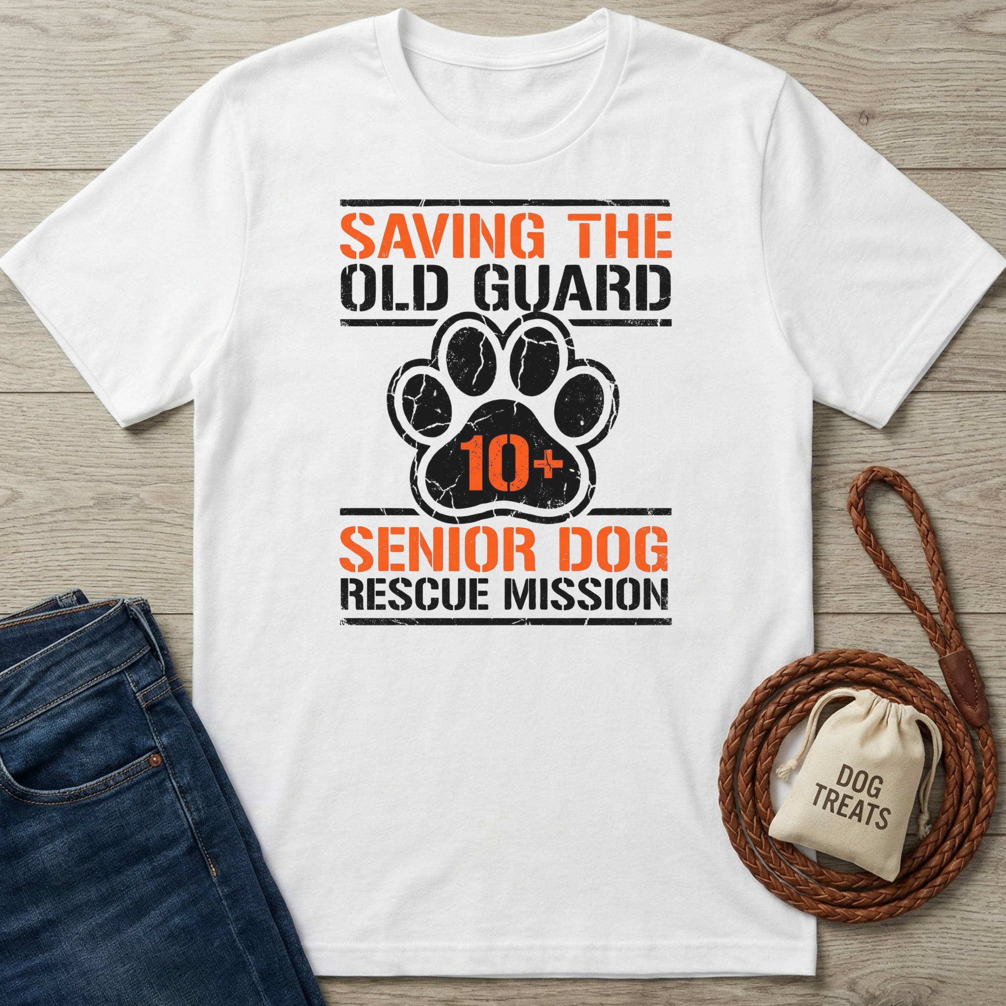White cotton t-shirt with "Saving The Old Guard Senior Dog Rescue Mission" text and paw print graphic.