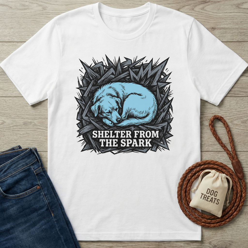 White cotton t-shirt with a blue sleeping dog design, "Shelter From The Spark" text, dark jeans, and dog accessories.