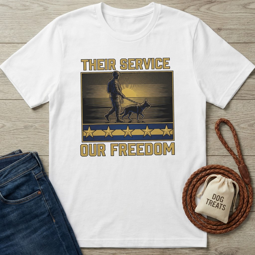 White cotton t-shirt with "Their Service Our Freedom" graphic featuring a soldier and K9 dog.
