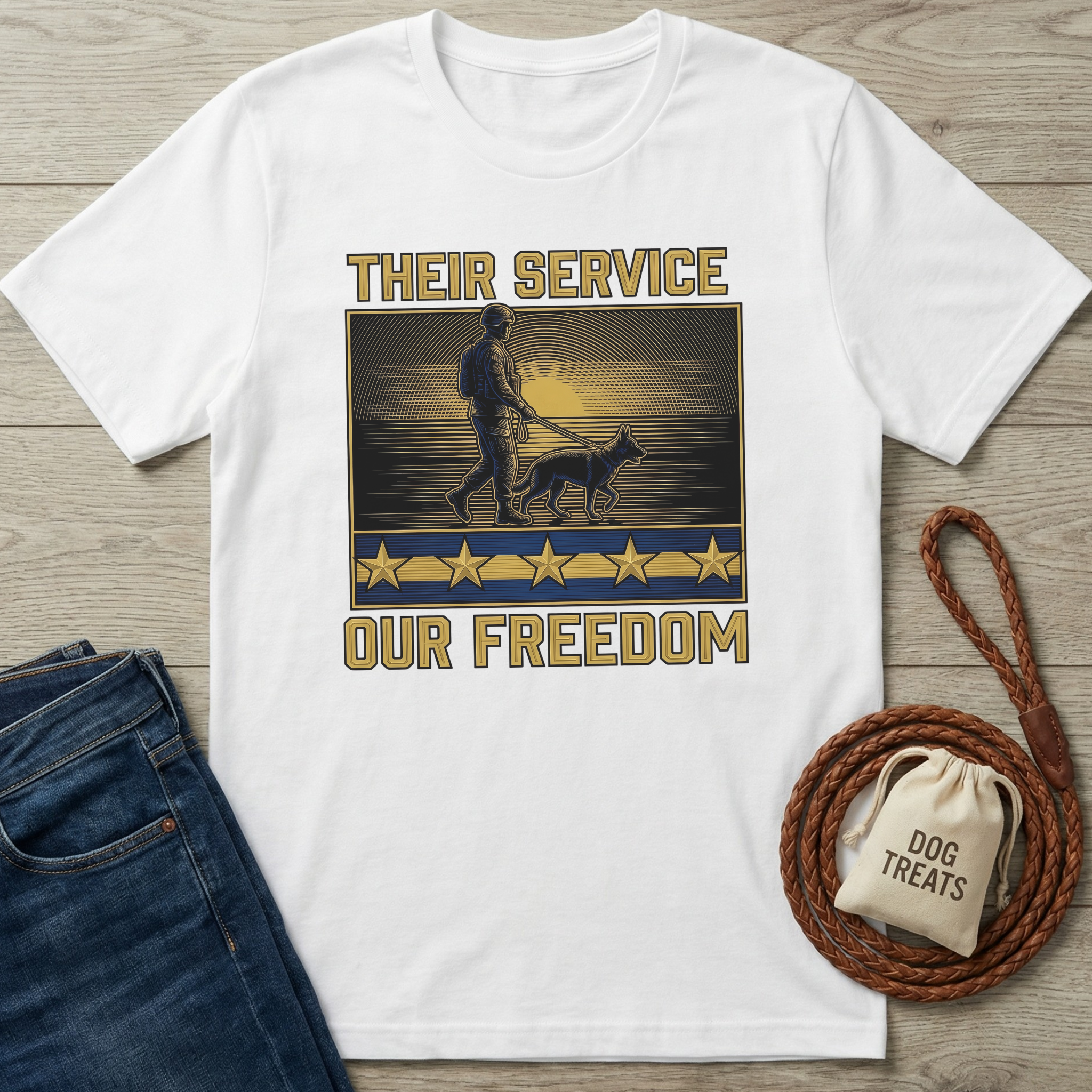 White cotton t-shirt with "Their Service Our Freedom" graphic featuring a soldier and K9 dog.