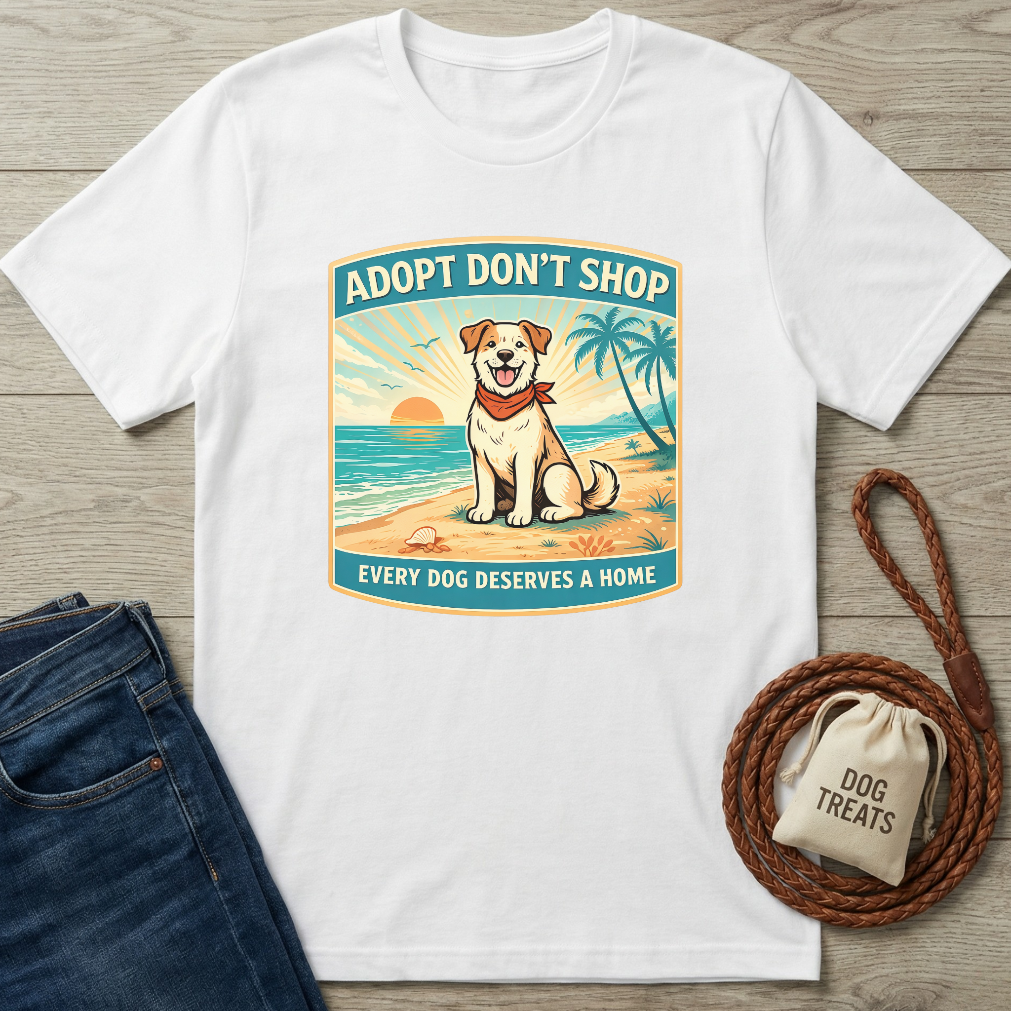 White cotton t-shirt with "Adopt Don't Shop" beach scene featuring a happy dog, palm trees, and sunset.