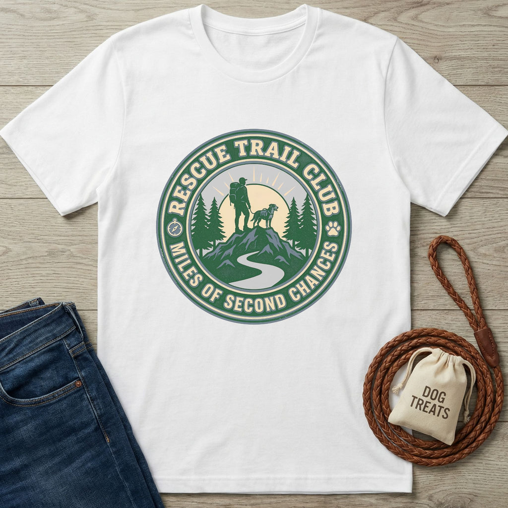 White Rescue Trail Club T-shirt with a green and blue graphic of a hiker, dog, mountains, and trees.