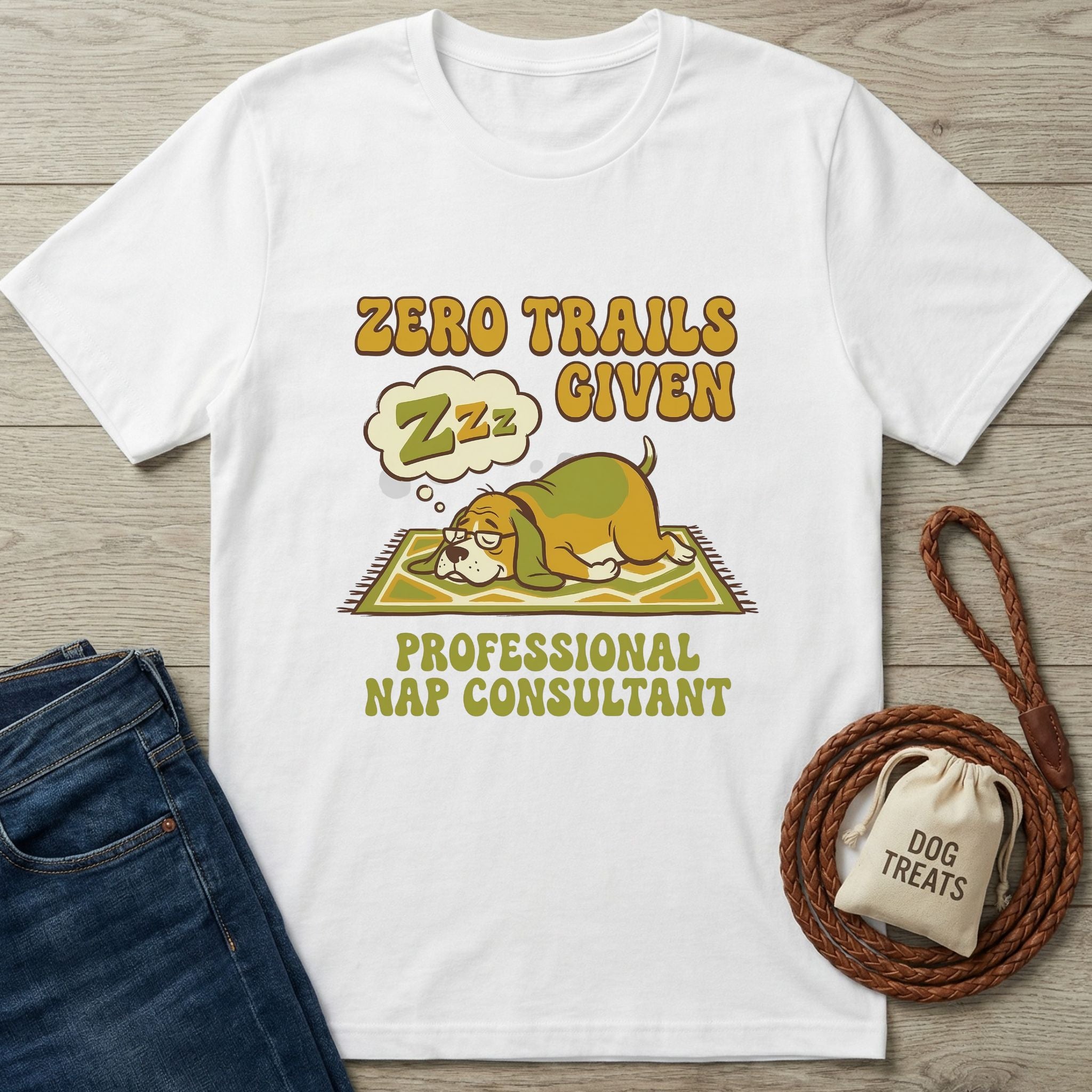 White Gildan Softstyle® T-shirt with a sleeping dog graphic and "Zero Trails Given, Professional Nap Consultant" text.