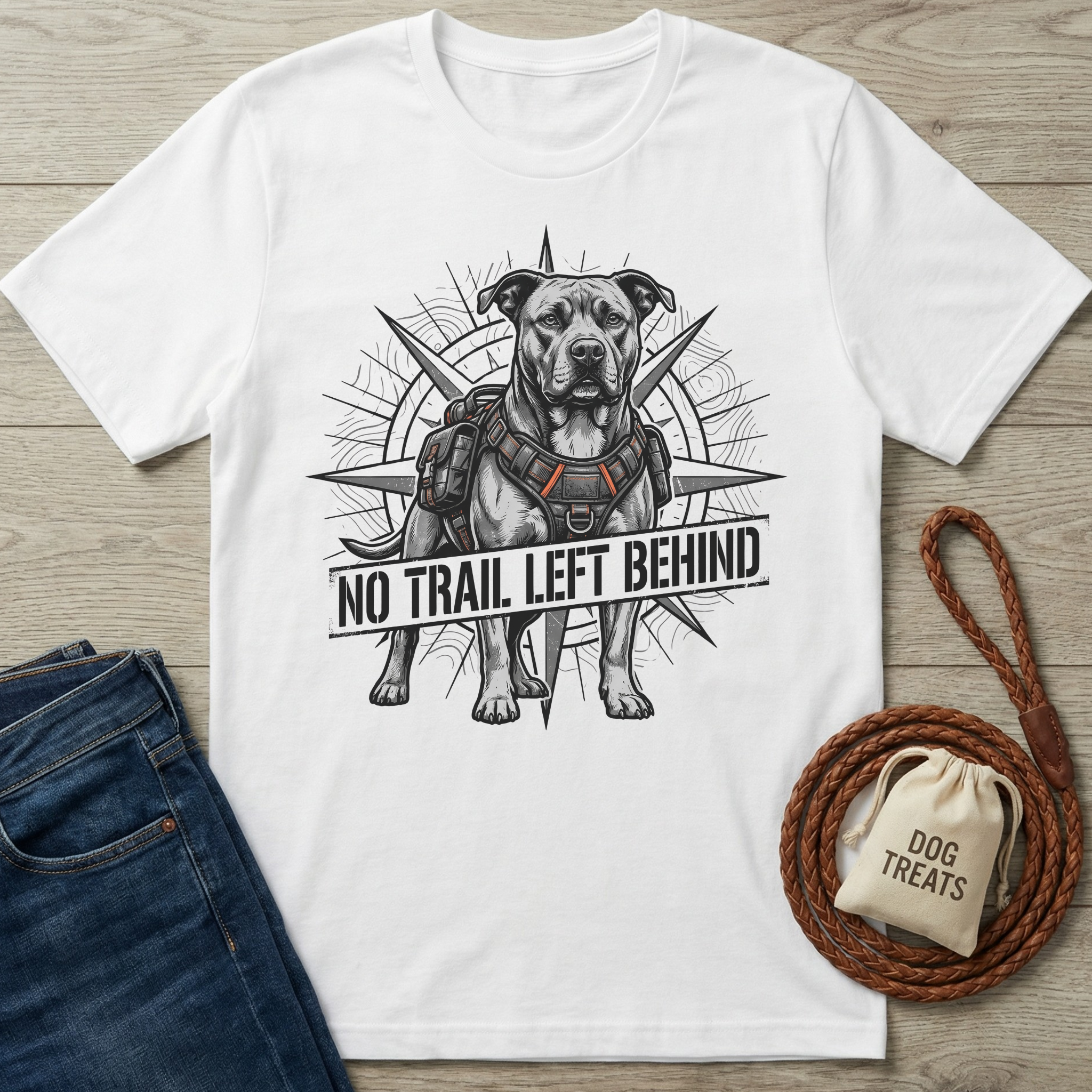 White crew neck t-shirt with a graphic of a pit bull wearing a harness and "NO TRAIL LEFT BEHIND" text.