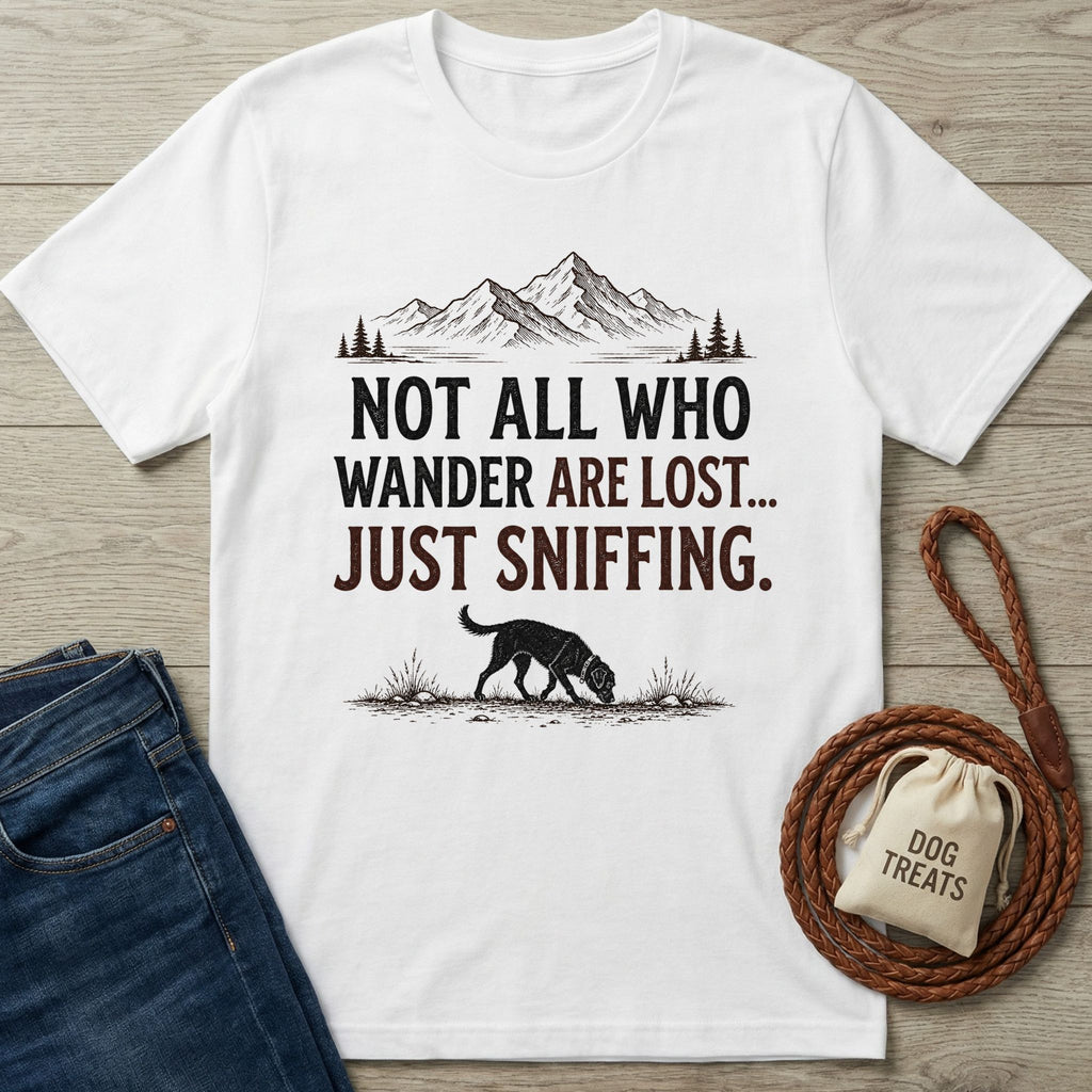 White cotton t-shirt with "NOT ALL WHO WANDER ARE LOST... JUST SNIFFING." text, mountain graphic, and dog sniffing ground.