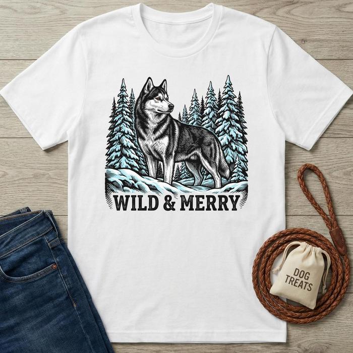 White Wild & Merry T-shirt with a husky in a snowy forest design, next to blue jeans and a dog leash.