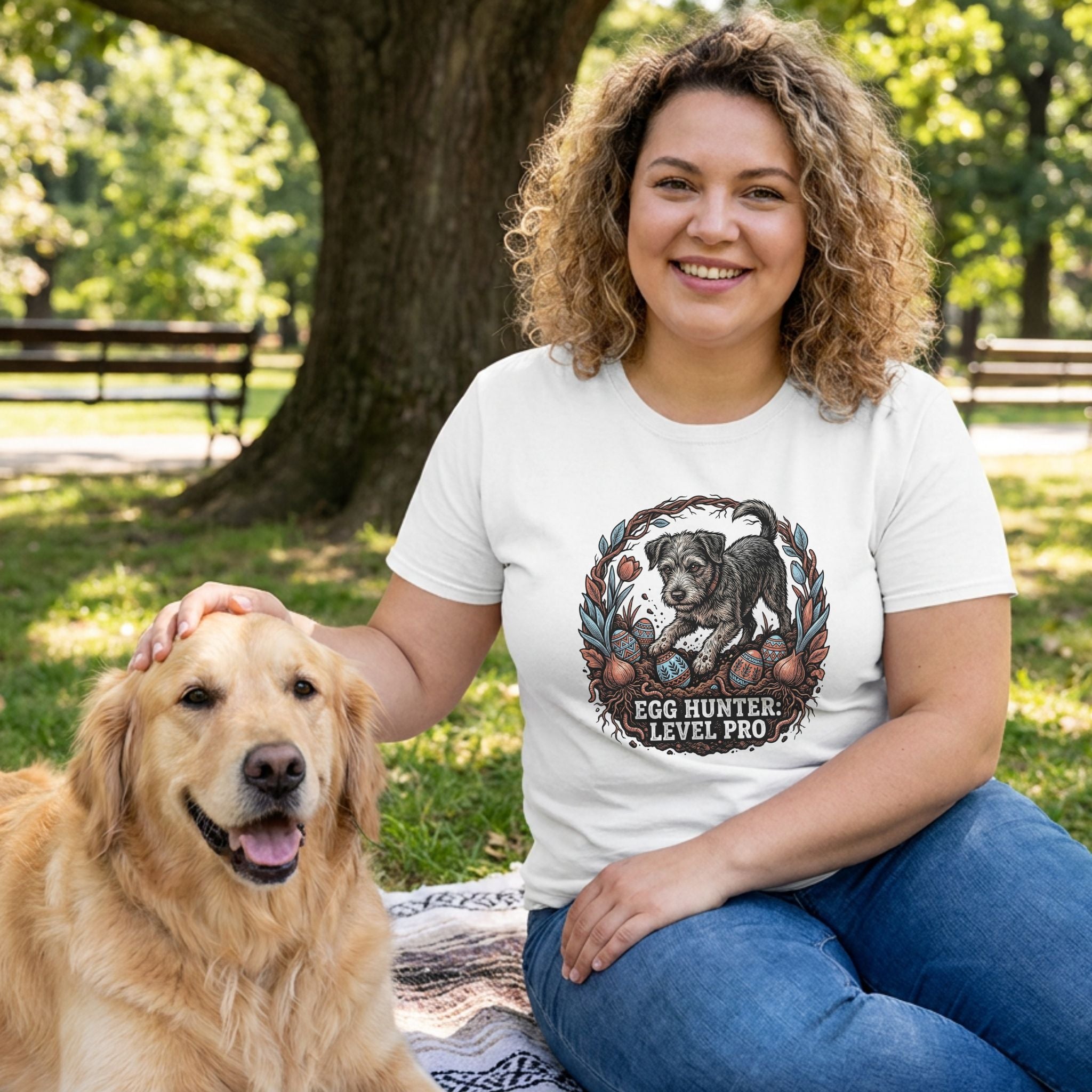 Woman in white "Egg Hunter: Level Pro" t-shirt petting a golden retriever in a park.