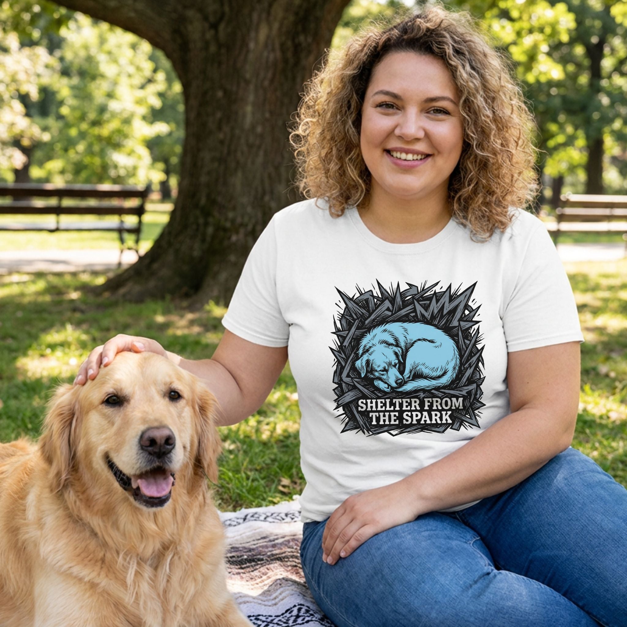 Woman in white "Shelter From The Spark" tee with sleeping blue dog graphic, petting a golden retriever in a park.