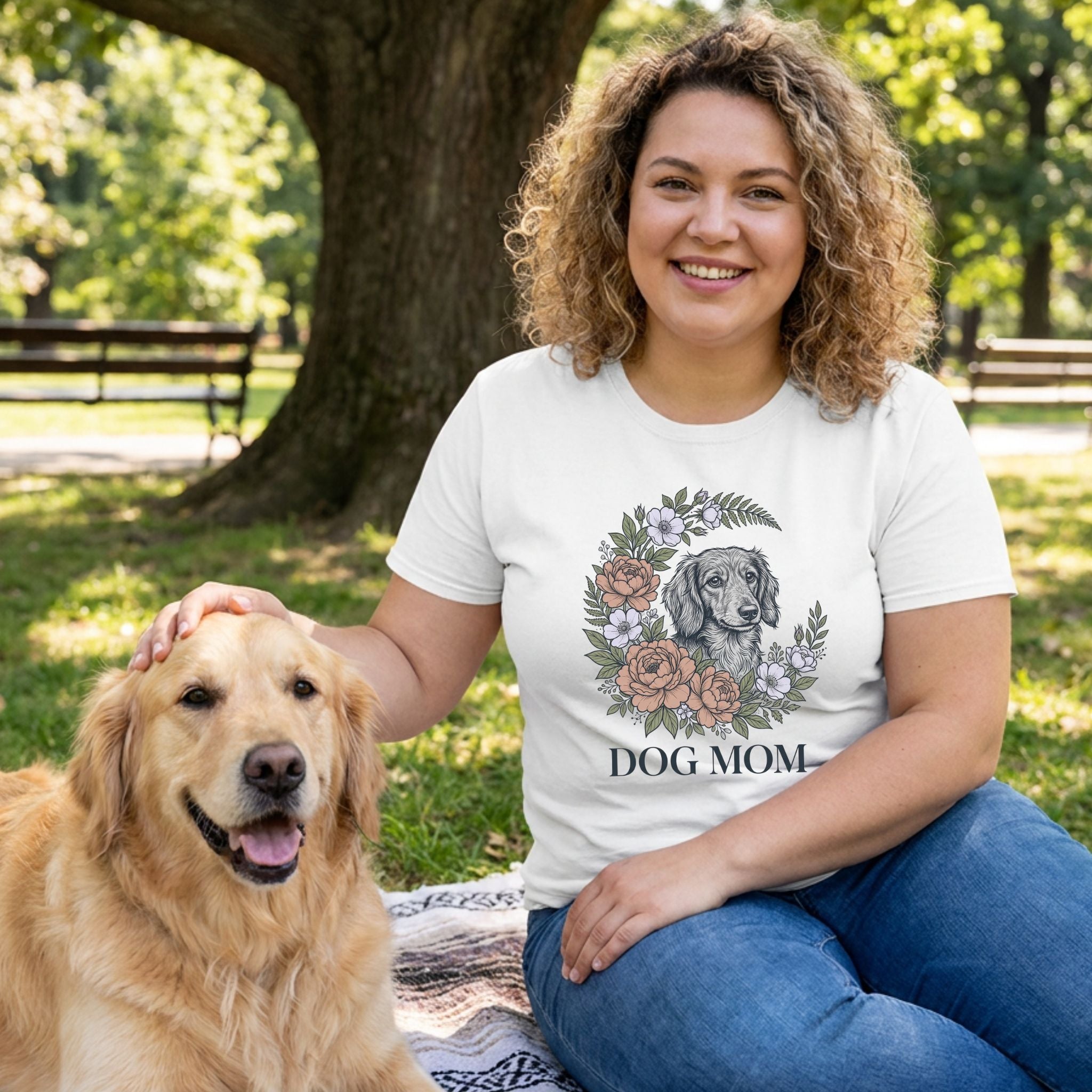 Smiling woman in a white "Dog Mom" tee with floral dog graphic, petting a golden retriever in a park.