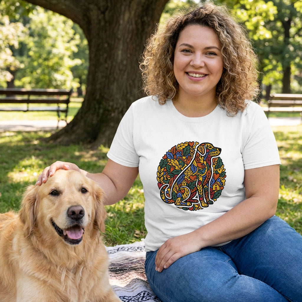 Woman sitting outdoors with a dog, wearing a white t-shirt with a colorful dog design.
